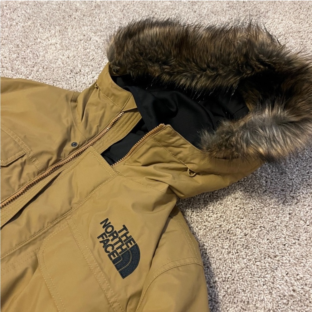 The North Face Men’s Tan Hooded Puffer Jacket with Faux Fur Trim